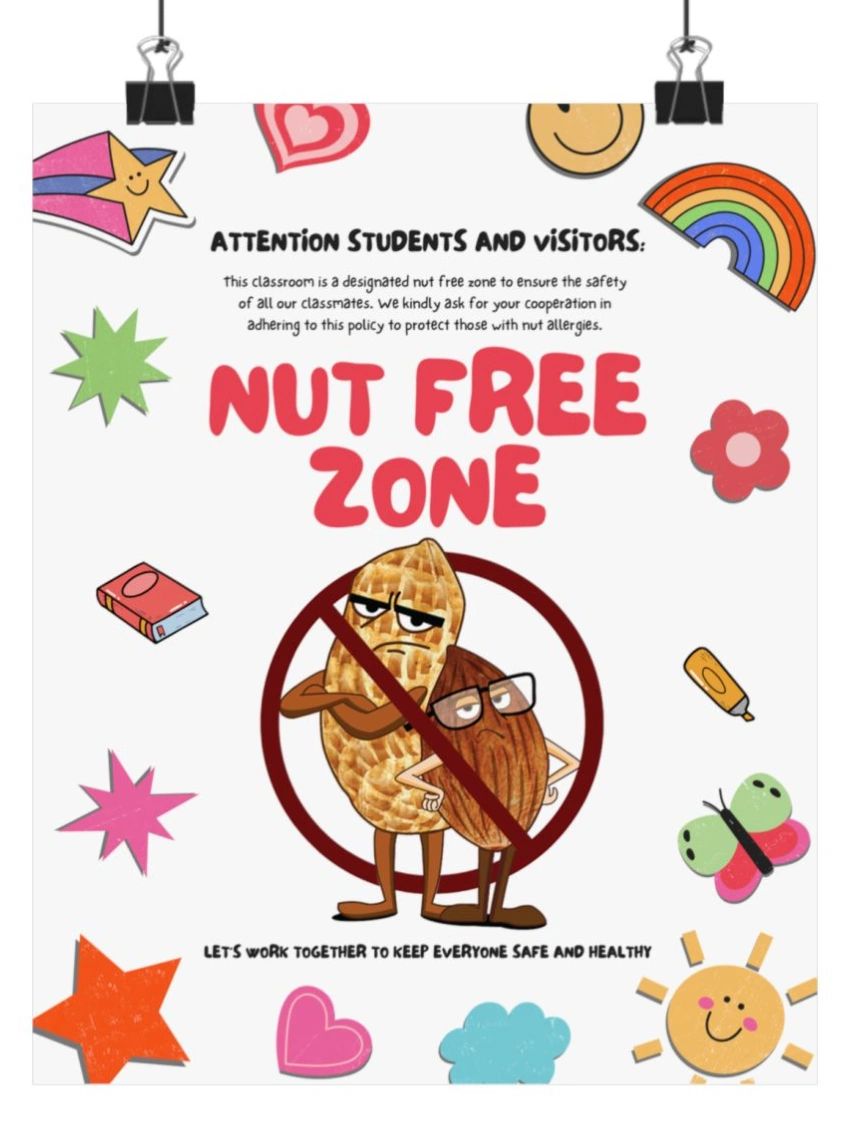 Nut-free classroom poster on a classroom wall